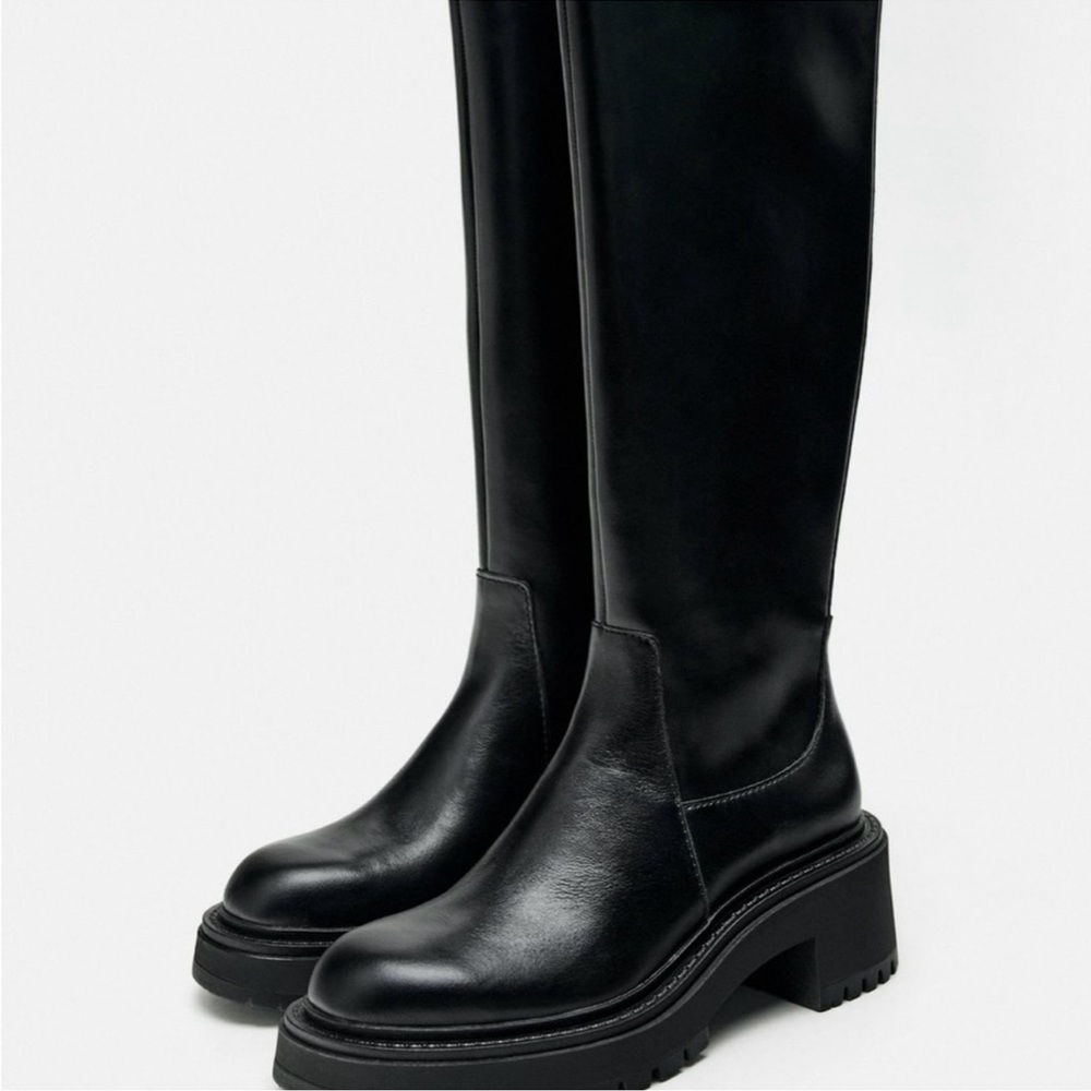 Zara Black Platform Knee-High Leather Boots